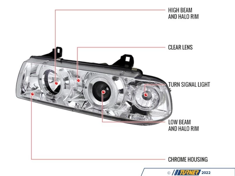 LED Halo Projector Headlight Set - Matte Black - E36 - Image 3